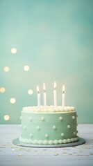 Mint Green background with birthday cake with candles pastel backdrop empty blank copyspace for design text photo website web banner backdrop texture