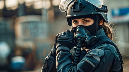 Female Soldier with Tactical Gear in Urban Area
