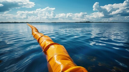 A real photo shot showcasing environmental protection measures, such as containment booms and absorbent barriers, deployed to mitigate the spill's impact on surrounding ecosystems.