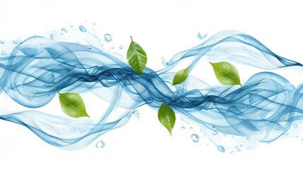 Abstract design of water waves intertwined with leaves, conveying calm and renewal, 
