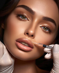 Professional studio photo of a Beautiful woman getting her lips a Botox injection.
