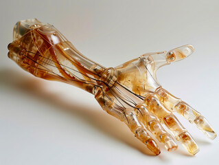 A detailed transparent prosthetic hand showcasing intricate internal mechanics, displayed on a white background for clear visibility.
