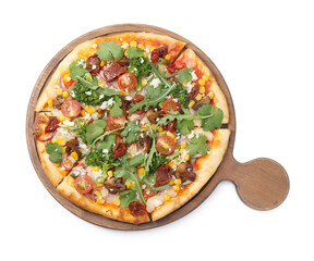 Delicious vegetarian pizza with cheese, mushrooms, vegetables and greens isolated on white, top view