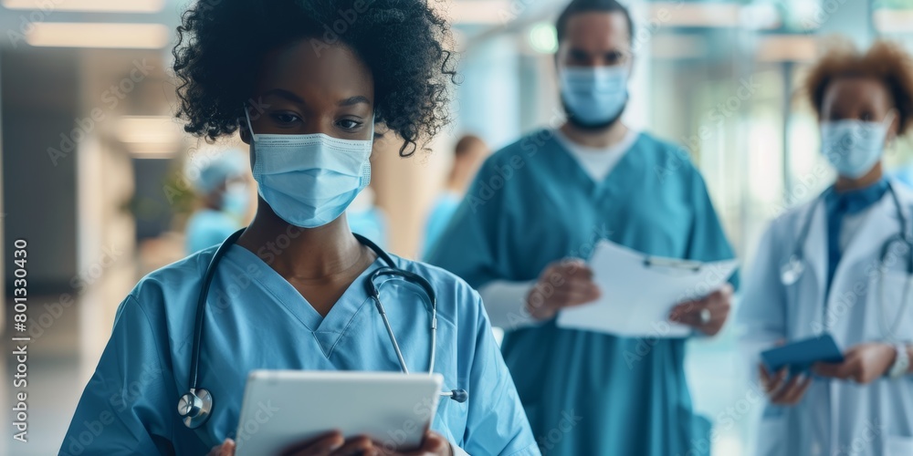Wall mural Young African-American female doctor using a tablet and mask at a hospital with coworkers. Black female clinic nurse researching on tablet. - Wall murals