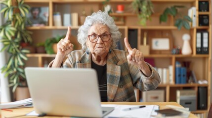 Obraz premium Video call with serious mature woman for investing, retirement, or financial paperwork. Documents, taxes, and elderly person on laptop discussing client issue