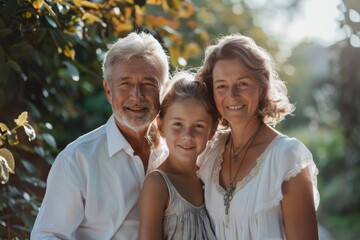 Happy family, photo, and connecting with senior parents in nature park, backyard, or garden. Smile, woman, and old retiree hug for love, support, and daughter trust