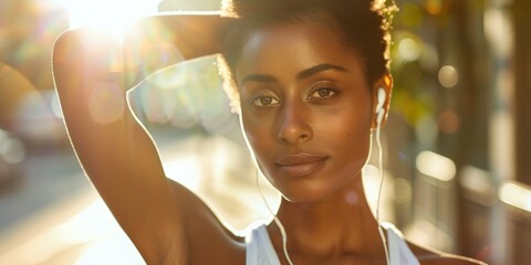 Closeup of a fit young Hispanic woman warming up to avoid injury while exercising outdoors in an urban setting. Dedicated female athlete prepping for workout or run.