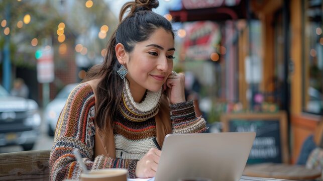 Happy woman, coffee, and smile for planning in cafe notepad, diary, or journal. Creative, female freelance, remote employment with cheerful article, project, or story concept