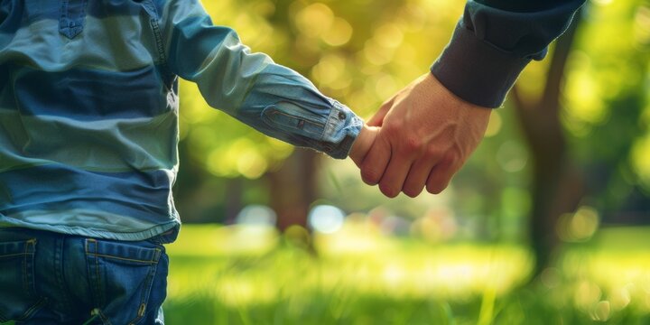 Rearview of father and daughter holding hands in park. Multiracial single parent playing outside with child. Little Hispanic child trusting and bonding with her single father on weekend