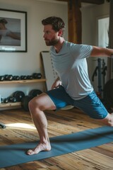 A fit young Caucasian man stretched legs with lunge bodyweight exercise and held foot while training with online tutorial on tablet at home. Yoga workout builds muscle, endurance, balance