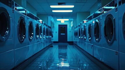 Endless Cycle: Symmetrical Rows of Washers in a Busy Laundry Room