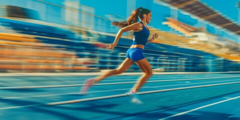 Woman, motion blur or running on stadium track for fitness training, race, marathon, or competition. Fast-moving sportsperson or energy cardio athlete