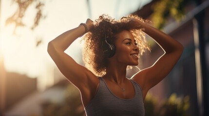 A fit young Hispanic woman warms up with arms to avoid injury while exercising outdoors in an urban setting. Optimistic female athlete listening to music with headphones before training or running.