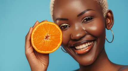 Portrait, beauty, and orange with black woman in studio on blue background for fruit nutrition....