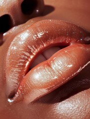 Fototapeta premium A close up of a woman face showing her lips with red pink glossy lipstick and white teeth and soft brown skin.
