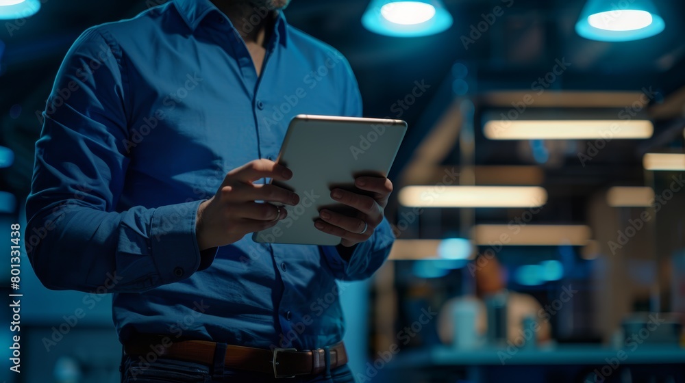 Poster an office worker drinks coffee from a teacup while browsing on a tablet. while browsing his cordless