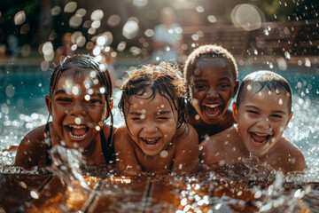 A group of happy smiling children having fun splashing in the swimming pool on a sunny day