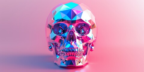 For research, medicine, and design, iridescent skull and human anatomy model on grey background....