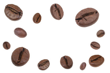 Falling coffee beans isolated on white background. Flying defocused coffee beans. Applicable for cafe advertising, packaging, menu design.