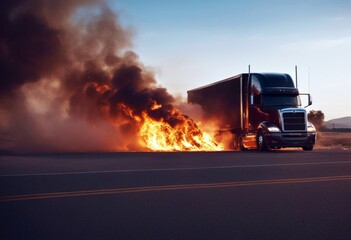 'semi burns highway truck control out accident blaze burn burnt car carnage damage danger daytime death destruction saster emergency energy environment explosion fire flames fuel gasoline heat'