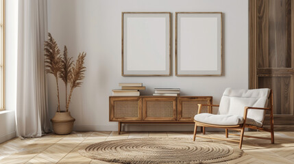 Title: Cozy Scandinavian Interior with Empty White Posters and Armchair