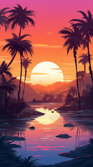 Serene Tropical Sunset Illustration with Palm Trees Reflecting on Water