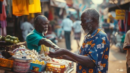 A street vendor handing change to a customer against a backdrop of city life