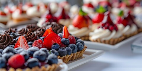 A variety of colorful birthday and lemon meringue tarts for parties and events. Delicious pastries with sprinkles and fruit for kitchen background food photos.