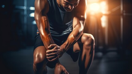 A mixed-race gym-goer holds his painful knee from above. Man with painful leg injuries from shattered joint and workout muscle inflammation. Stiff bodily cramps producing pain and strain