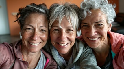 Senior woman selfie, cheerful workout group, support, and healthy lifestyle. Portrait of old female friends, sports, and wellness on wall for communal workout teamwork.