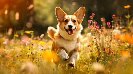 Corgi's joyful romp through flower-filled field
