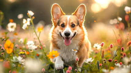 Flower field becomes corgi's playground