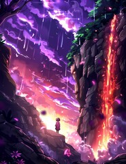 Girl standing on a cliff looking at a waterfall of lava