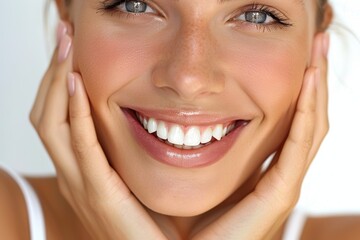 Hands and smile on woman's face in studio for good skin, glow, or therapy on blue background. Girl model with luxurious hydrating cosmetics, lip gloss, or makeup is happy and beautiful.