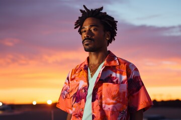 Fototapeta premium Portrait of a content afro-american man in his 30s donning a trendy cropped top isolated in vibrant sunset horizon