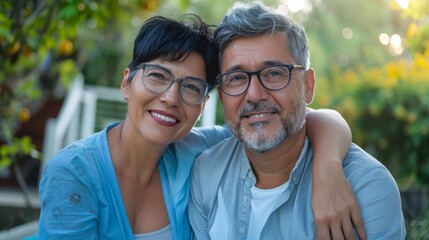 Fototapeta premium Smile, cheerful, or connecting mature couple in house or garden in trust, security, and love marriage. Retirement portrait, elderly man and wife laughing at a joke