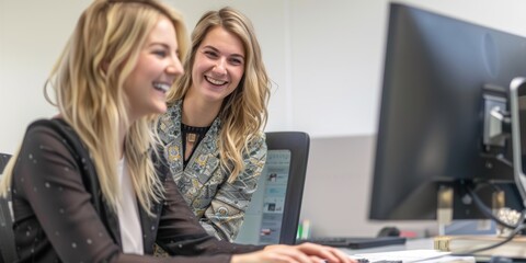 Portrait of two confident young Hispanic businesswomen using a computer in an office. Creative startup agency employees and buddies smiling with heads touching.