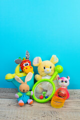 Obraz premium Collection of colorful toys on blue background.