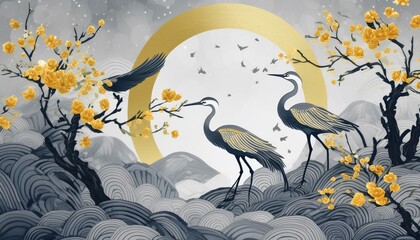 Golden Crane Silhouettes: Vintage Chinese Wave Decor Landscape"