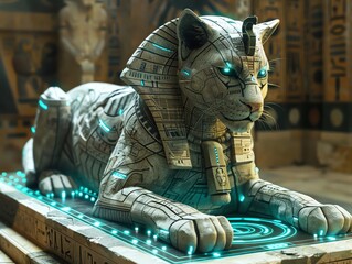 Render a towering, mystical sphinx navigating a holographic interface of advanced tech, its ancient aura contrasting with sleek digital elements