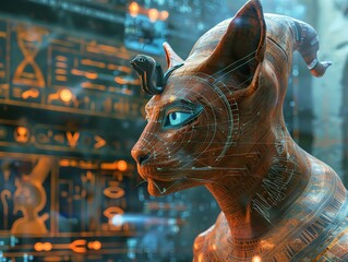 Render a towering, mystical sphinx navigating a holographic interface of advanced tech, its ancient aura contrasting with sleek digital elements