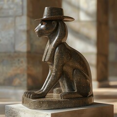 Unleash the mystery with a side view of a sleek, shadow-draped sphinx in a fedora, blending mythical aura into film noir ambiance, perfect for a detective-themed book cover!