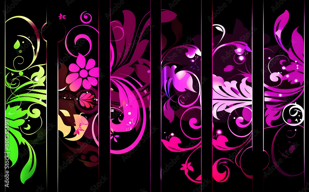 Poster a colorful floral design is displayed on a black background. the flowers are arranged in a way that 