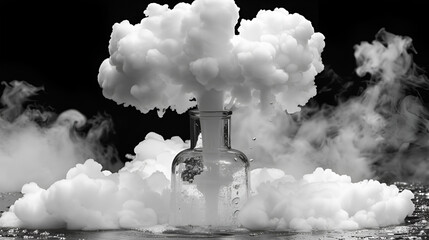 Ethereal Explosion: White Clouds and Smoke Captured in Glass Bottle