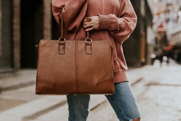 Women's brown leather tote bag