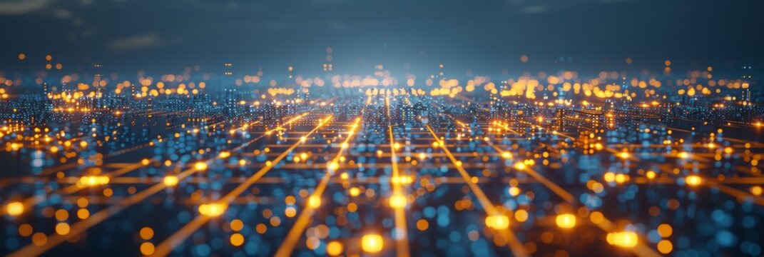 Vibrant blue circuit board with strikingly lit yellow dots for captivating visuals