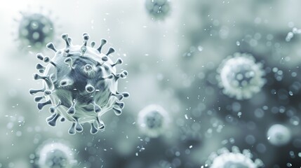 Vivid close-up illustration of airborne virus particles, highlighted by a foggy grey setting, suitable for health awareness campaigns