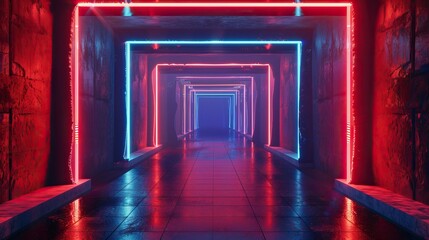 dark tunnel with red and blue neon lights on the walls and floor.