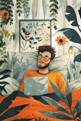Cheerful young man with closed eyes lies in bed in the bedroom with a laptop, watches a movie, online work, vector style