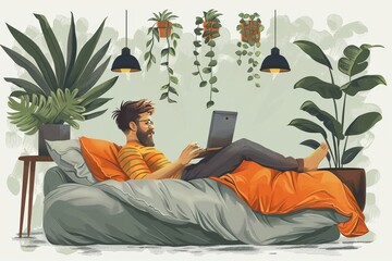 Side view illustration of male freelancer working with laptop in bed, vector style
